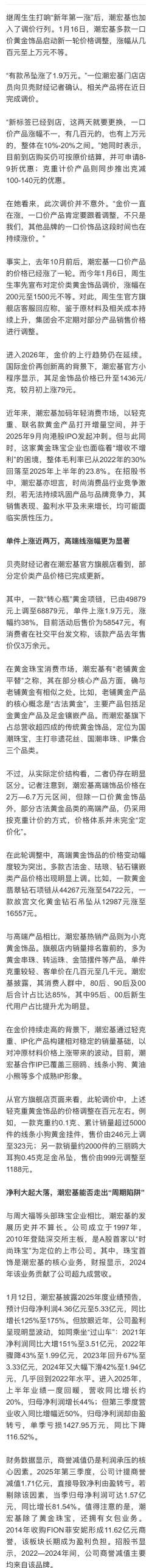 2026年02月09日潮宏基黄金涨跌幅