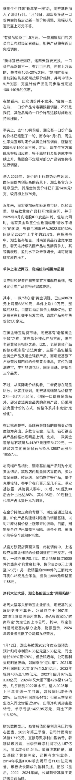 2026年03月08日潮宏基黄金涨跌幅