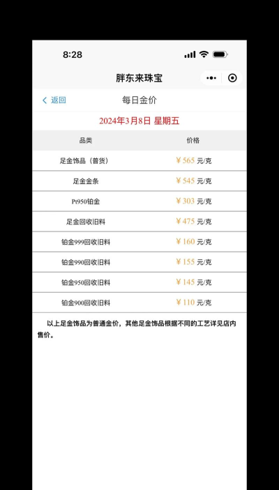 2026年03月28日莱音珠宝铂金最新价格多少元一克