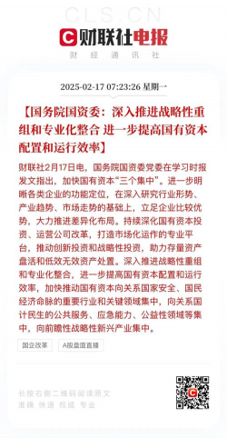 国资委：大力推动央企 战略性专业化重组整合