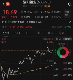 洛阳钼业股票11月6日主力资金净流入3.14亿元