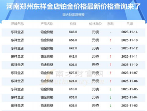 2025年11月16日东祥金店铂金最新价格多少一克